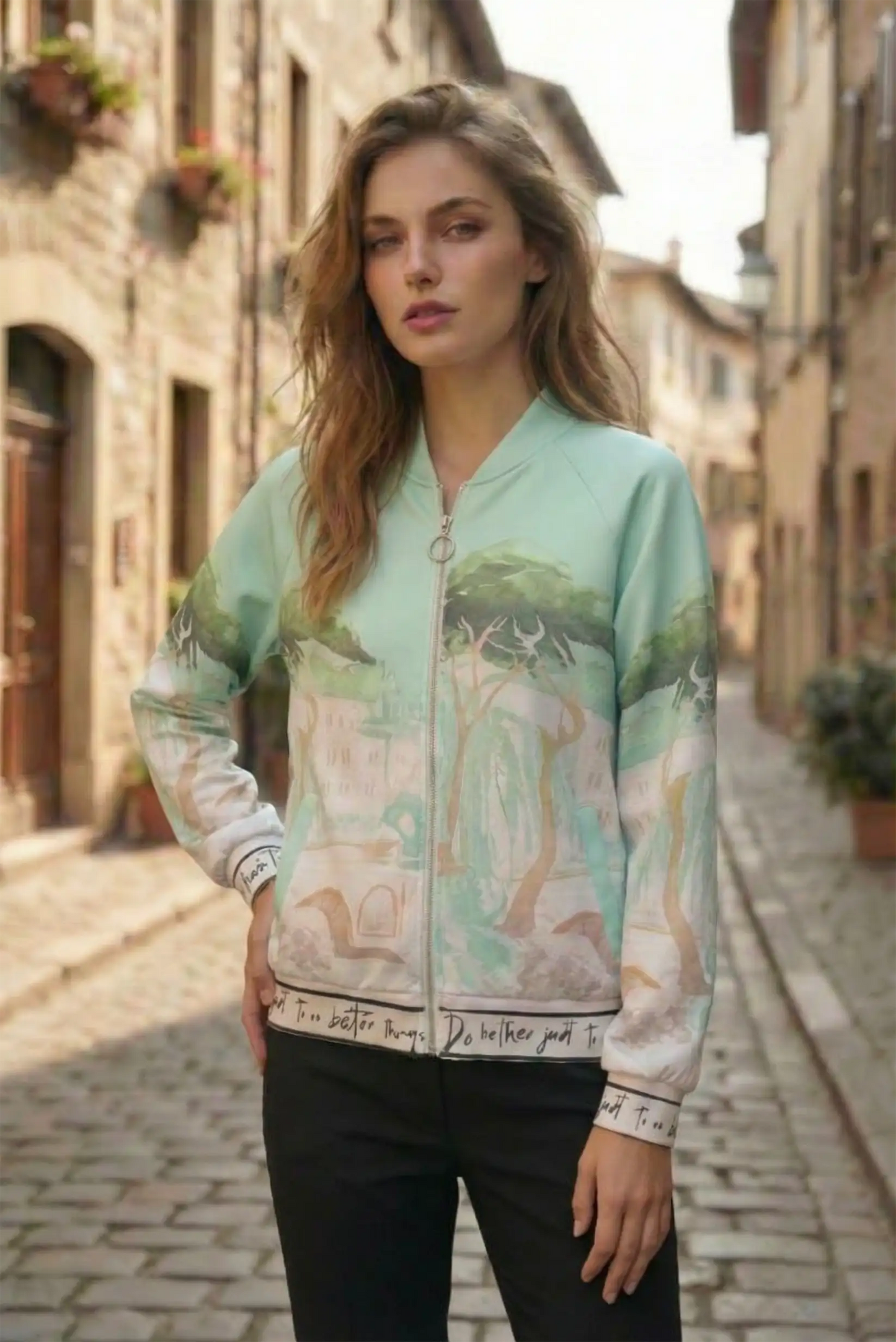 Mujer con chaqueta safari verde estampada, moda femenina CHICA del Sur, en calle empedrada.