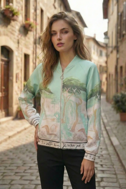 Mujer con chaqueta safari verde estampada, moda femenina CHICA del Sur, en calle empedrada.