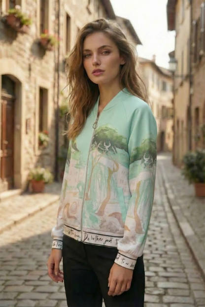 Mujer con chaqueta verde safari estampada, moda femenina casual CHICA del Sur en calle empedrada.