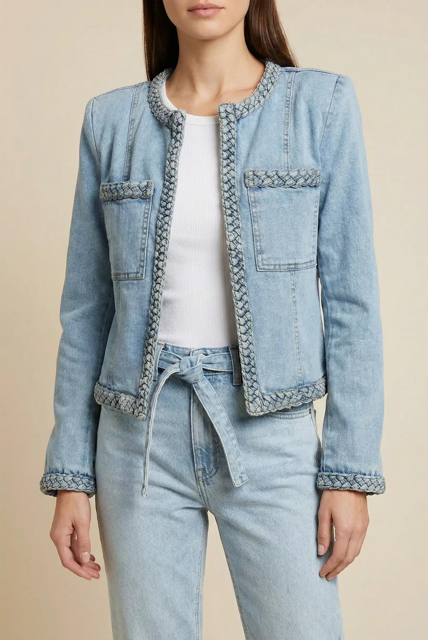 Chaqueta tejana vaquera corta azul para mujer, look casual CHICA del Sur.