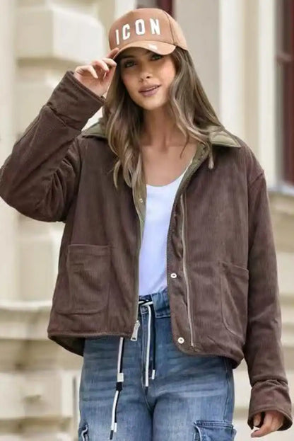 Chaqueta Mujer Reversible Verde Kaki y Pana Marrón Acolchada - CHICA del Sur