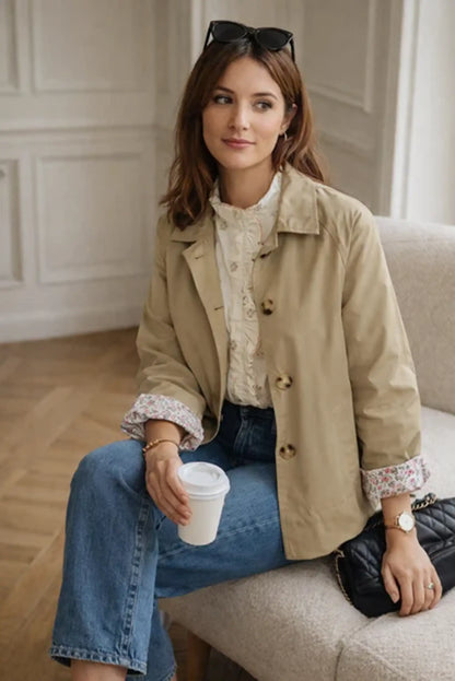 Mujer con chaqueta beige de primavera, puños de flores, blusa clara y jeans, estilo casual