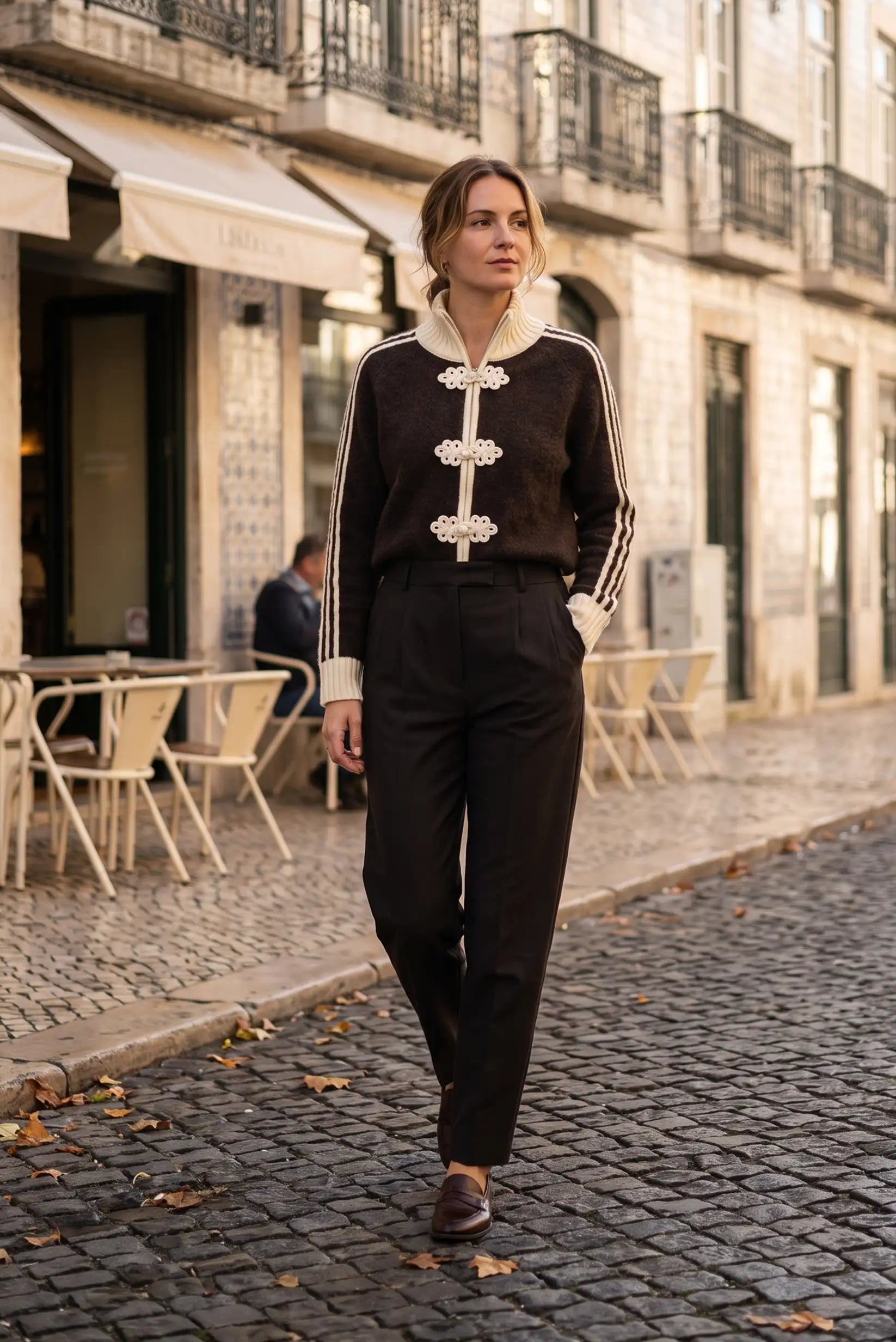 Mujer con chaqueta marrón de botones ornamentales y pantalones negros en calle empedrada.