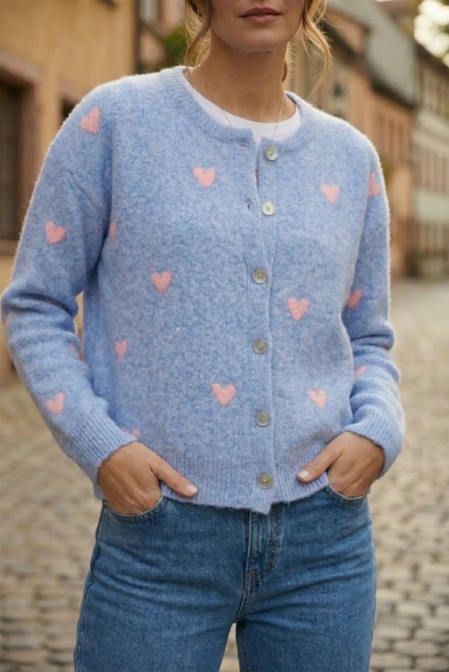 Chaqueta de punto azul celeste con corazones rosas para mujer, moda casual CHICA del Sur