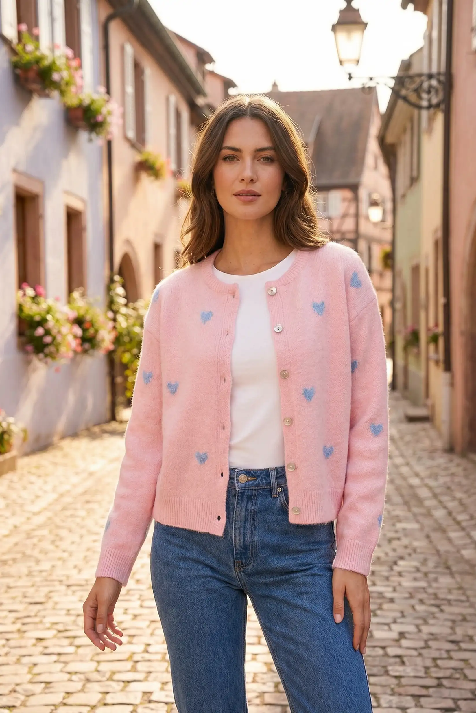 Mujer con chaqueta de punto rosa pastel con corazones azules, moda casual CHICA del Sur