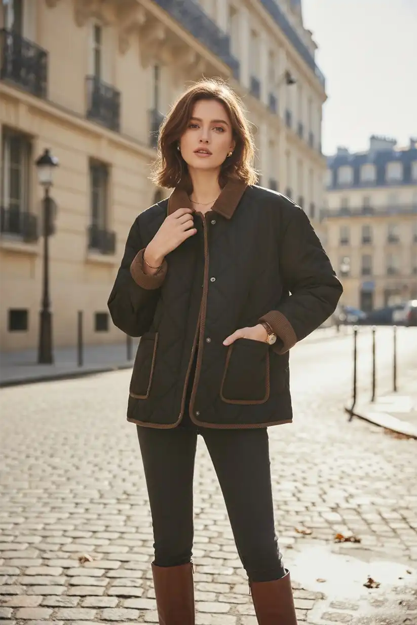 Chaqueta Mujer Reversible Negra y Marrón Pana Acolchada Cálida - CHICA del Sur