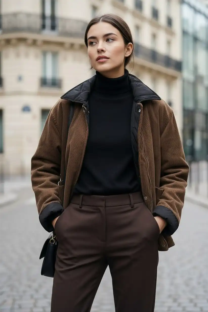 Chaqueta Mujer Reversible Negra y Marrón Pana Acolchada Cálida - CHICA del Sur