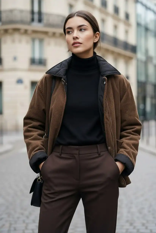 Chaqueta Mujer Reversible Negra y Marrón Pana Acolchada Cálida - CHICA del Sur