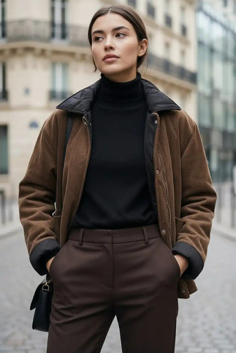 Chaqueta Mujer Reversible Negra y Marrón Pana Acolchada Cálida - CHICA del Sur