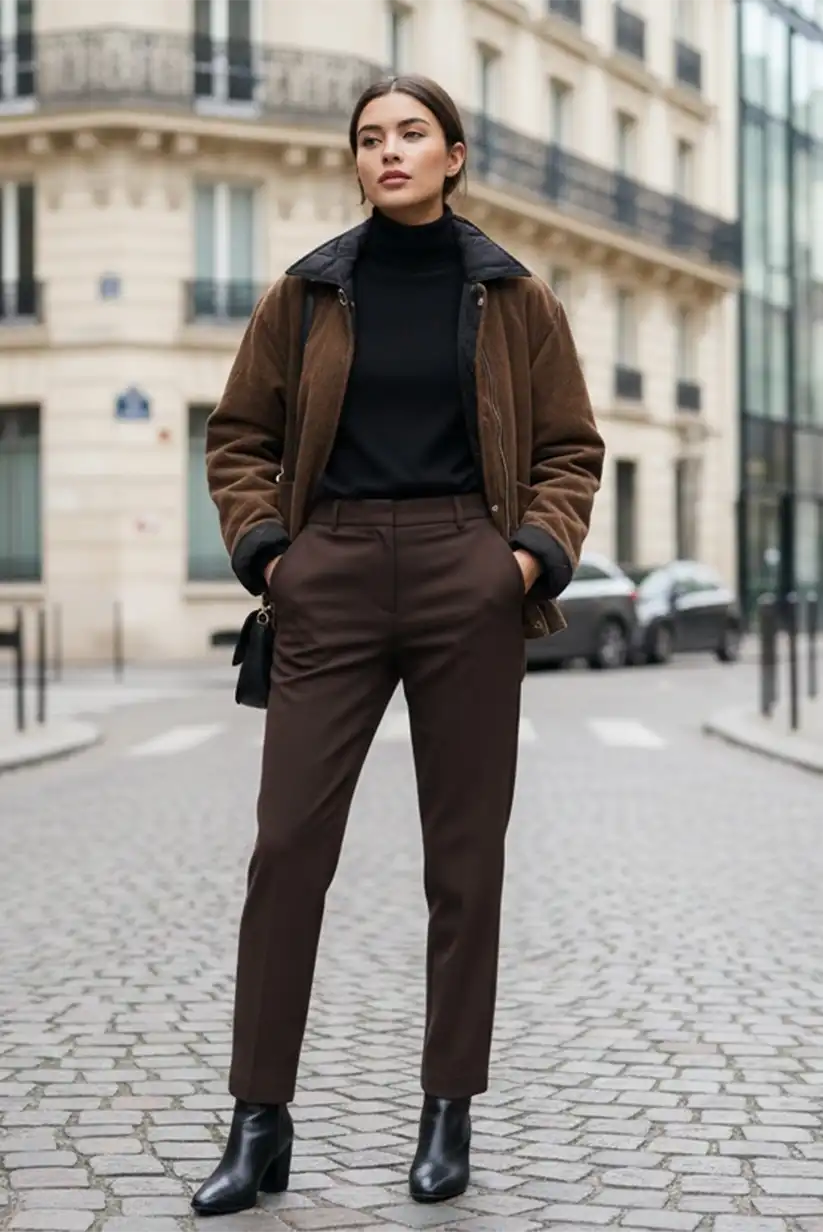 Chaqueta Mujer Reversible Negra y Marrón Pana Acolchada Cálida - CHICA del Sur