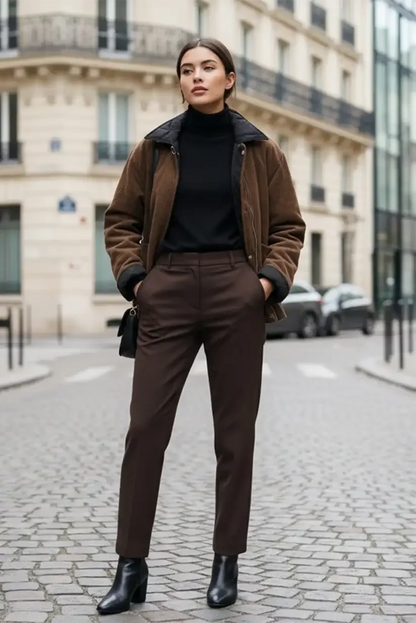 Chaqueta Mujer Reversible Negra y Marrón Pana Acolchada Cálida - CHICA del Sur