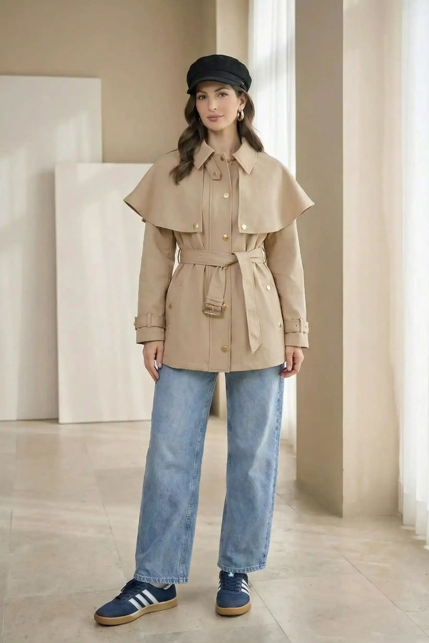 Mujer con chaqueta trench beige, jeans azul claro y gorra negra, look casual moderno.