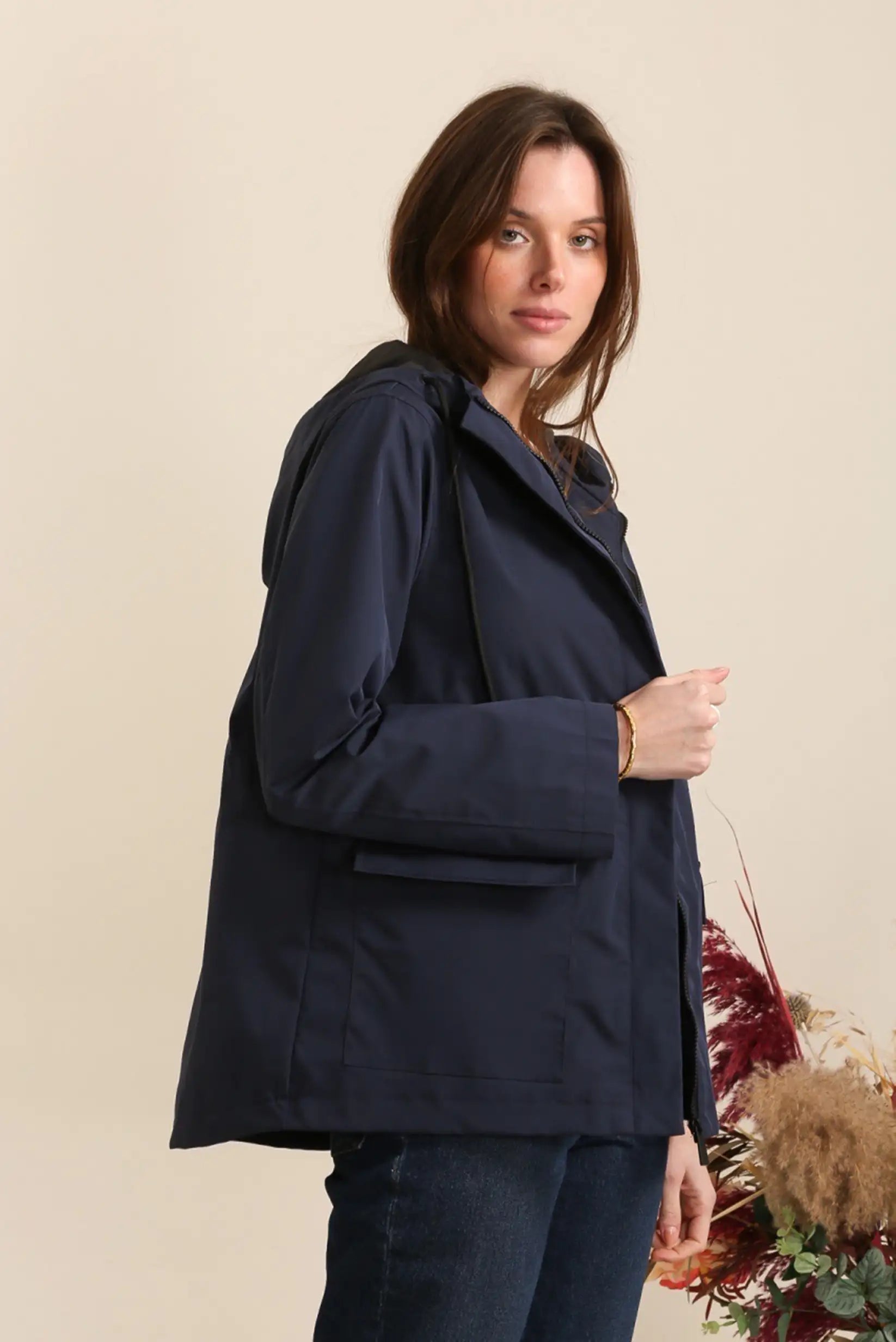 Chubasquero corto impermeable azul oscuro para mujer, estilo casual CHICA del Sur