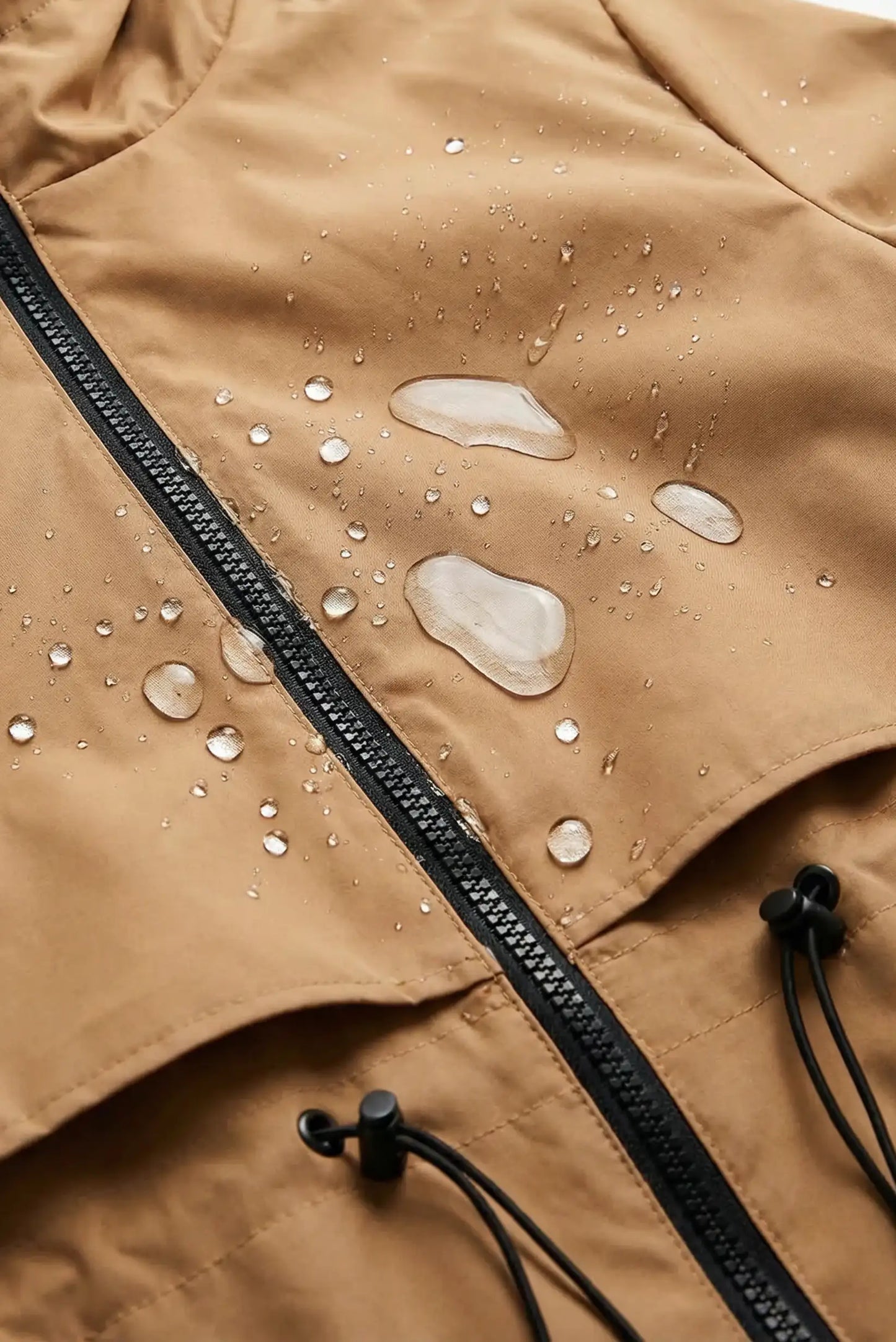 Detalle de parka larga camel repelente al agua para mujer CHICA del Sur, con gotas visibles.