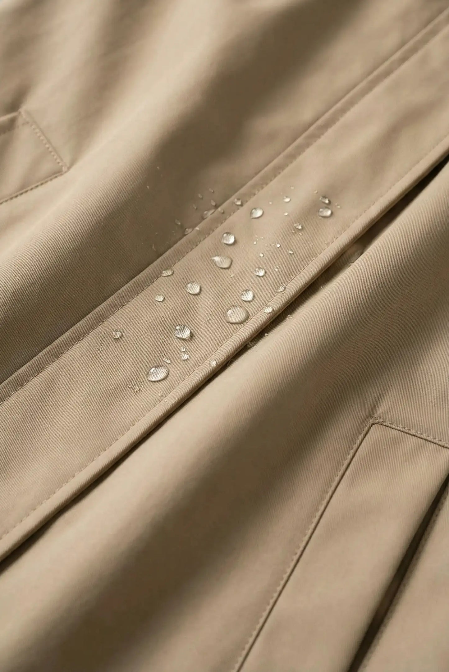 Detalle de chubasquero mujer taupe repelente al agua, gotas sobre tejido beige