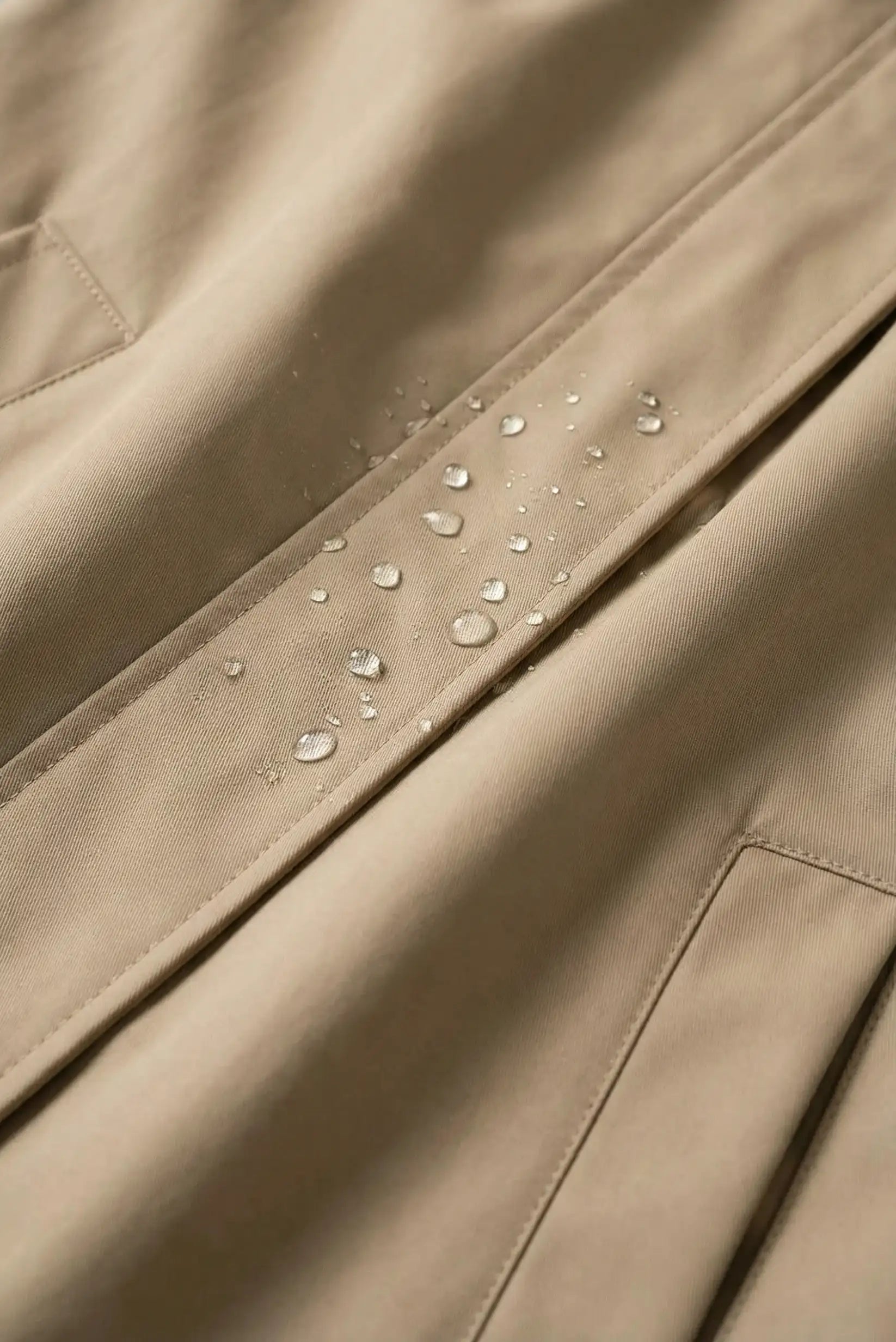 Detalle de chubasquero mujer taupe repelente al agua, gotas sobre tejido beige