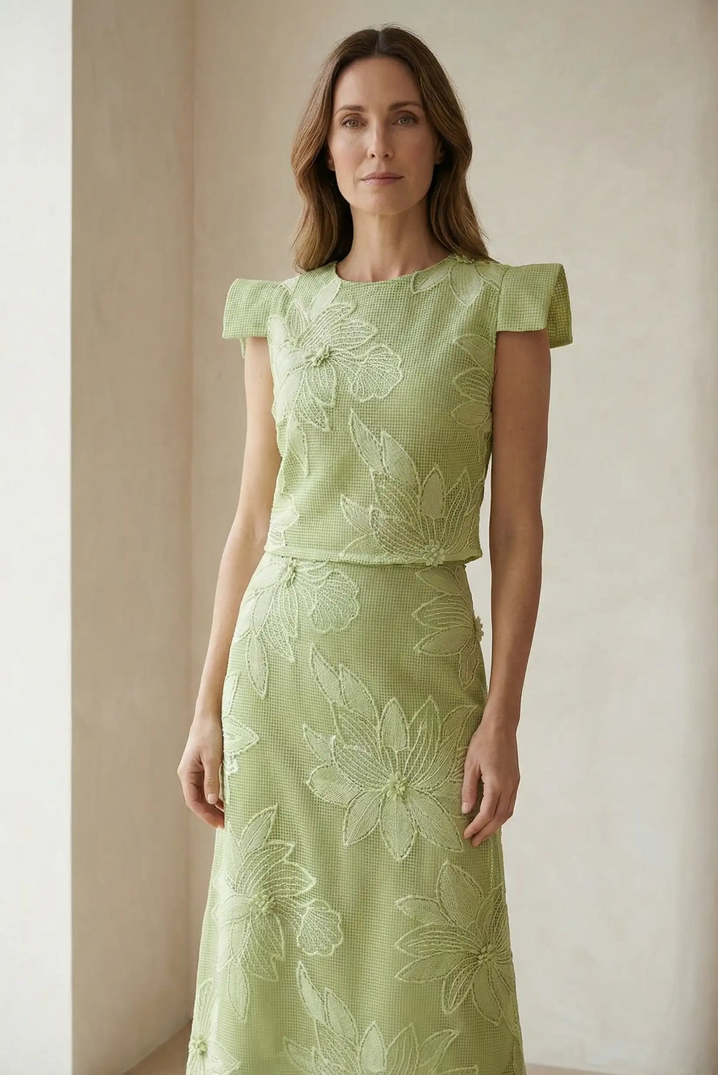 Conjunto de mujer verde manzana con flores bordadas, ideal para primavera o eventos elegantes.