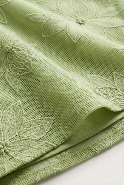 Tela verde manzana con bordado floral en relieve, textura de malla, moda primavera mujer