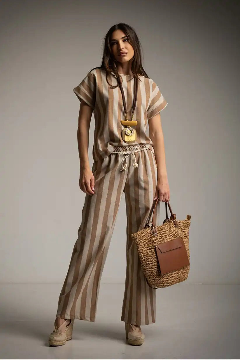 Conjunto rayas beige mujer – Lino y algodón | Estilo mediterráneo - CHICA del Sur