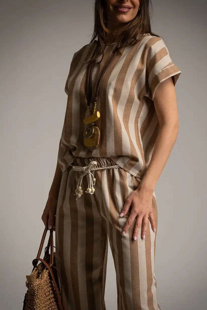 Conjunto rayas beige mujer – Lino y algodón | Estilo mediterráneo - CHICA del Sur