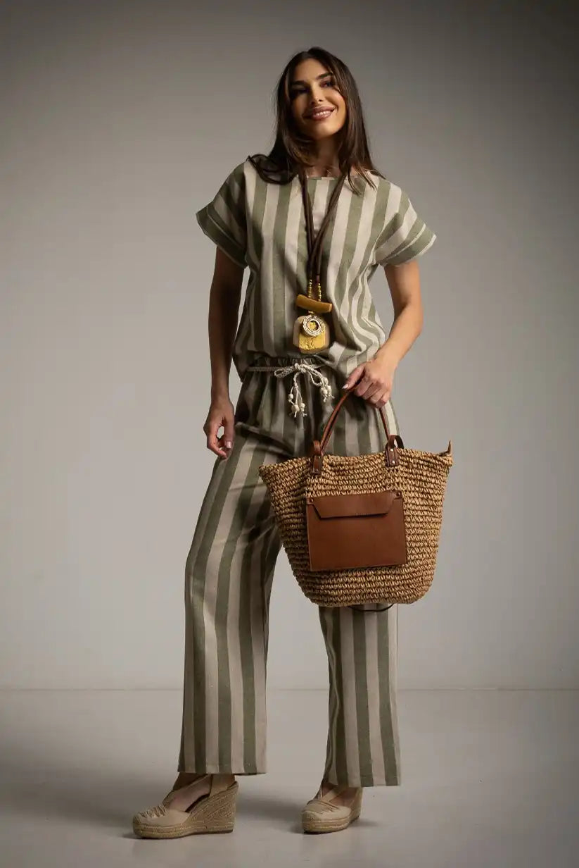 Conjunto rayas kaki mujer – Algodón & lino | Estilo boho mediterráneo - CHICA del Sur