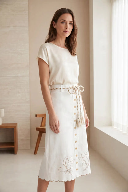Falda Midi Blanca Bordada para Mujer con Cinturón de Cuerda