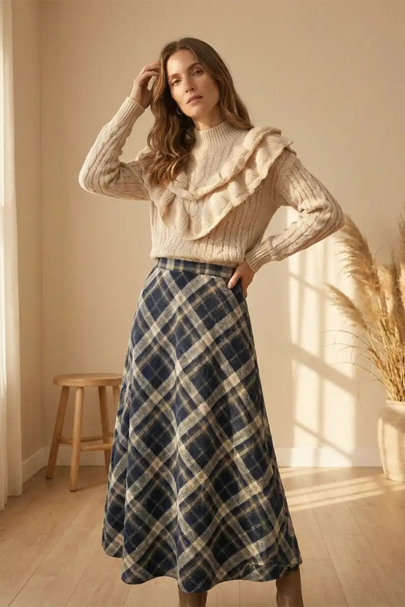 Falda midi cuadros azul marino - CHICA del Sur