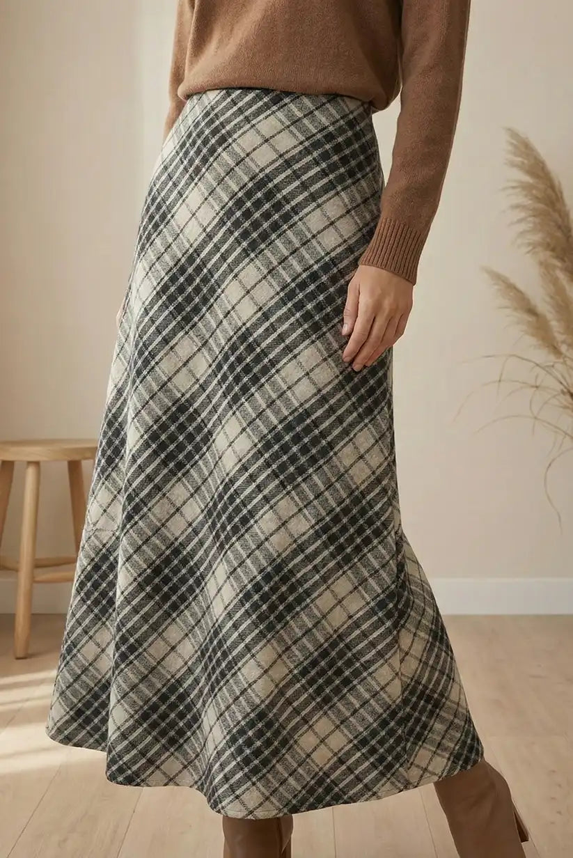 Falda midi de cuadros gris marrón - CHICA del Sur
