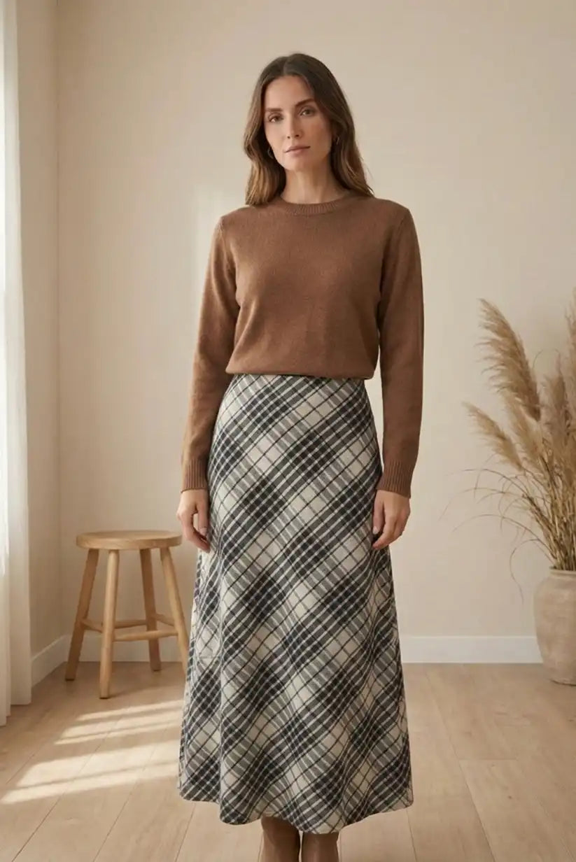 Falda midi de cuadros gris marrón - CHICA del Sur