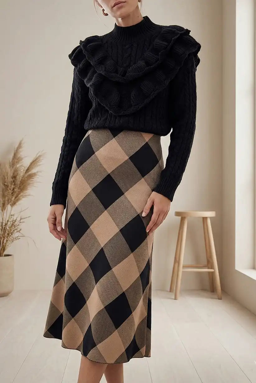 Falda cuadro maxi camel negro - CHICA del Sur