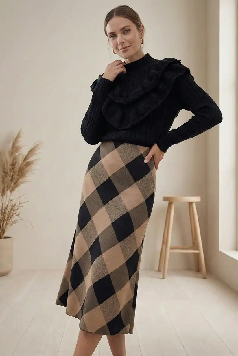 Falda cuadro maxi camel negro - CHICA del Sur