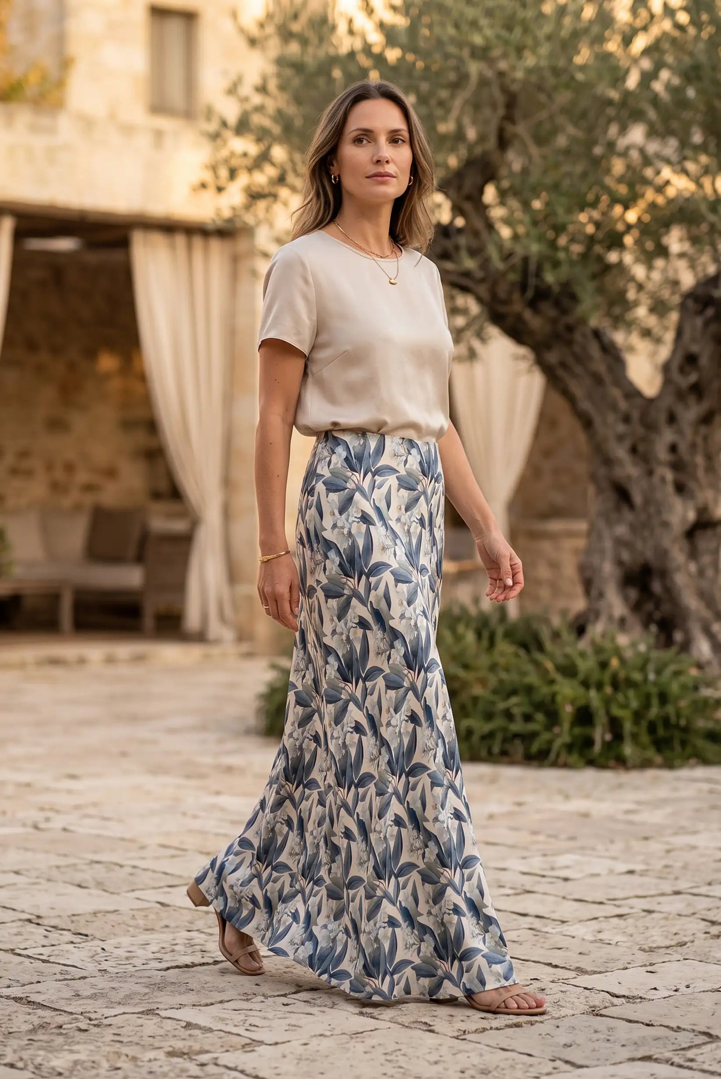 Falda Larga Estampada Azul para Mujer | Colección Terra