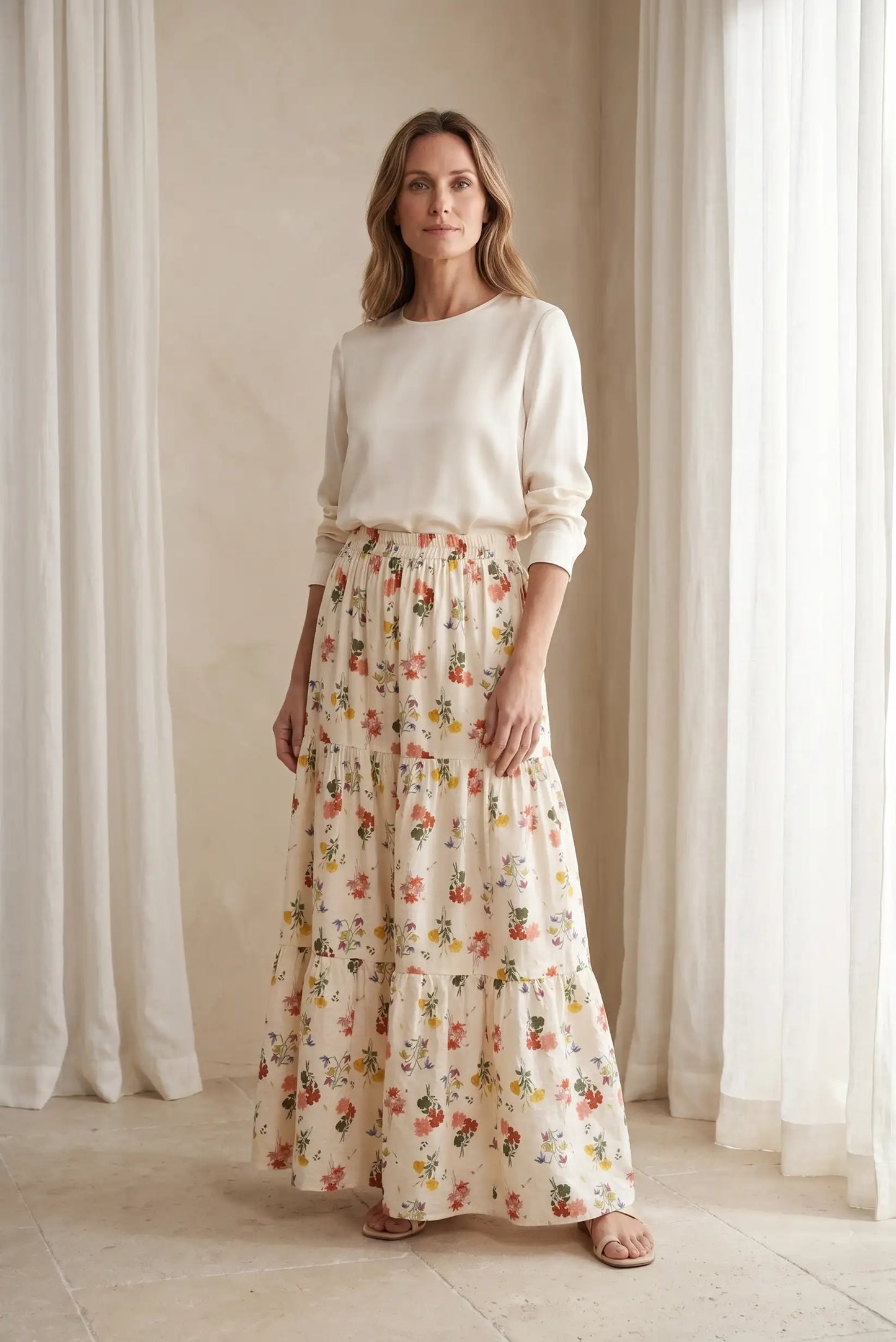 Falda Larga Mujer Floral Beige