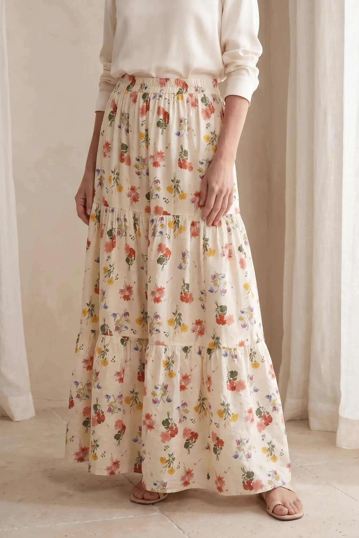 Falda Larga Mujer Floral Beige