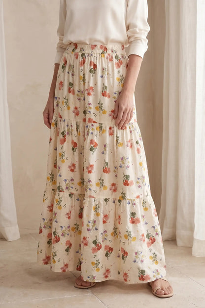 Falda Larga Mujer Floral Beige
