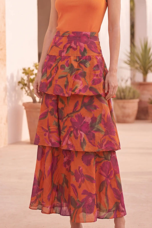 Falda Larga Estampada Naranja con Flores