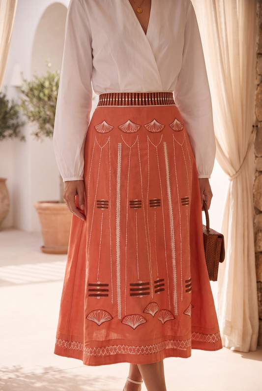 Falda Midi Coral Bordada para Mujer en Lino y Algodón