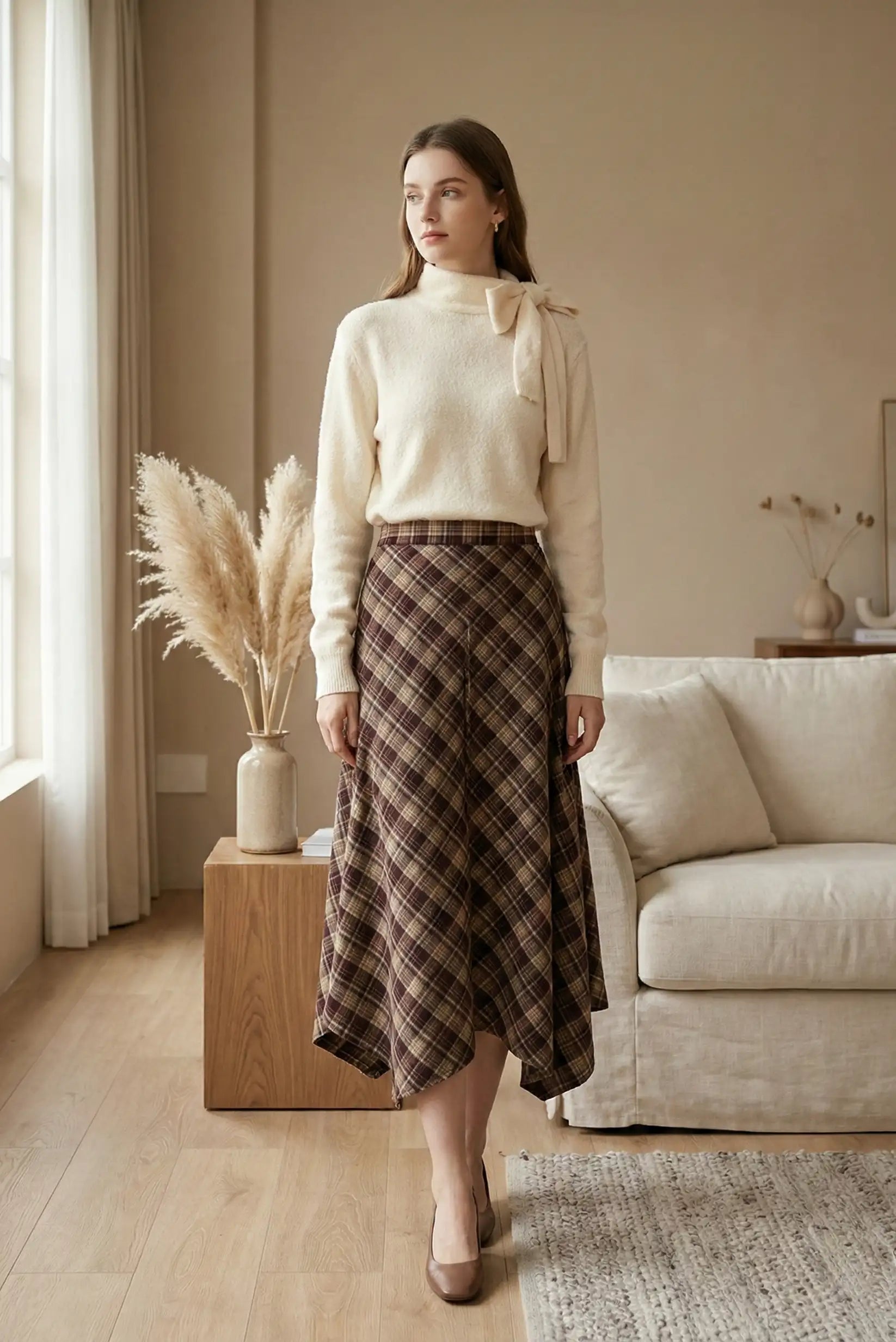 Mujer en falda larga cuadros burdeos y marrón, suéter crema con lazo, en sala minimalista
