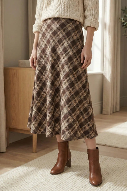 Falda larga de cuadros marrones y beige combinada con suéter beige y botas marrones en habitación iluminada