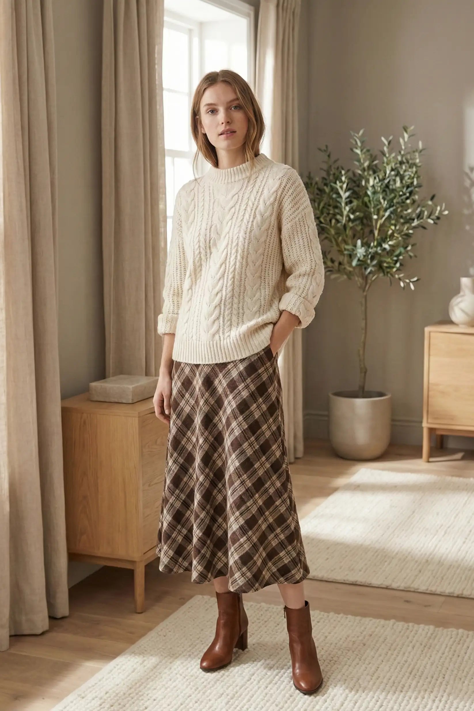 Mujer con suéter beige de punto y falda larga de cuadros marrones en sala con decoración minimalista