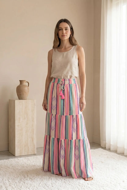 Mujer con falda larga de rayas rosas y blusa beige en ambiente luminoso, moda primavera.