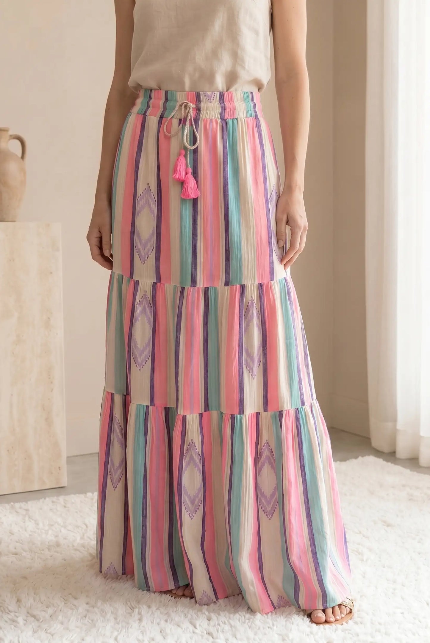 Falda larga de rayas rosas y lilas, estilo bohemio, ideal para primavera-verano