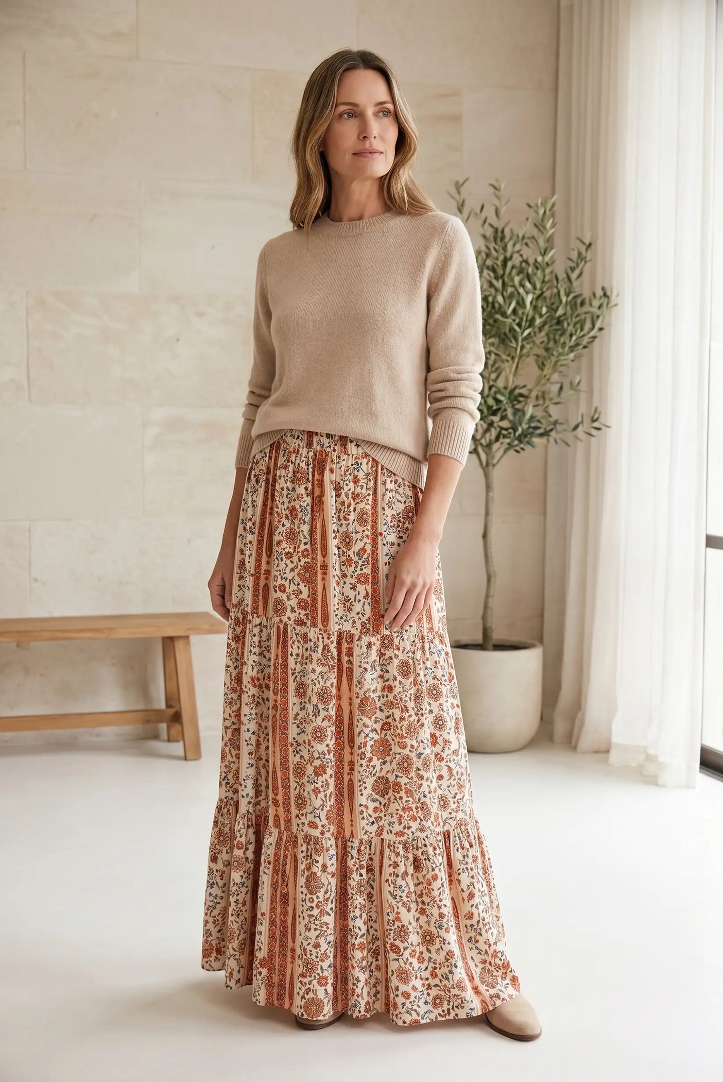 Falda Larga Estampada Boho para Mujer en Tonos Tierra