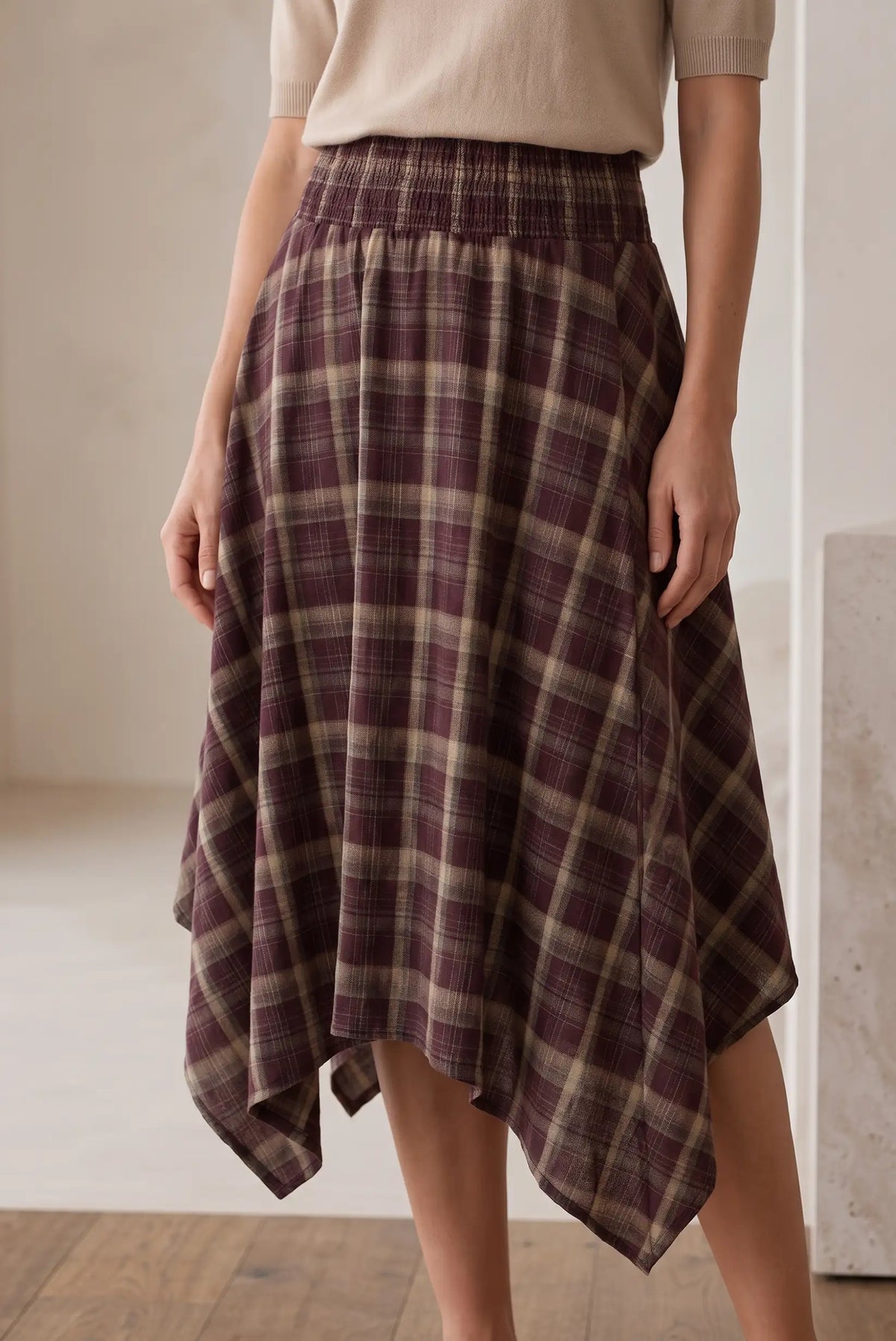 Asymmetrical Plaid Skirt in Burgundy Tones