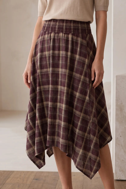 Asymmetrical Plaid Skirt in Burgundy Tones
