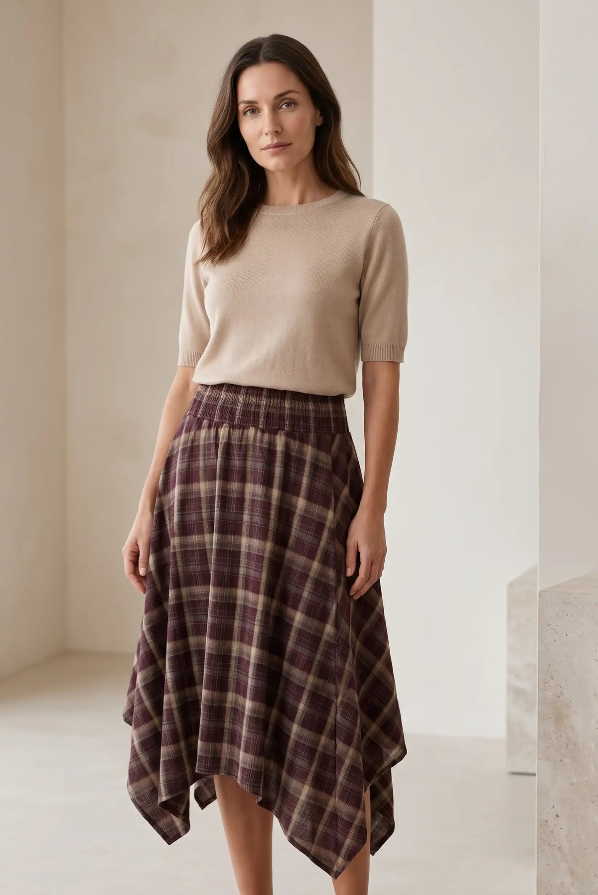 Asymmetrical Plaid Skirt in Burgundy Tones