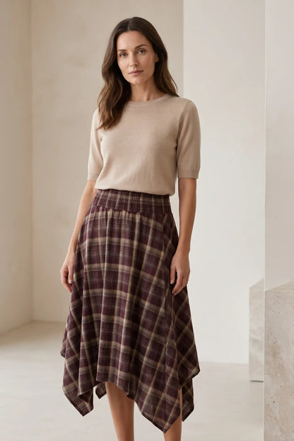 Asymmetrical Plaid Skirt in Burgundy Tones