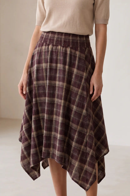 Asymmetrical Plaid Skirt in Burgundy Tones