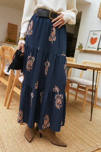 Falda Larga Azul Marino Bordada Mujer Estilo Bohemio Elegante - CHICA del Sur