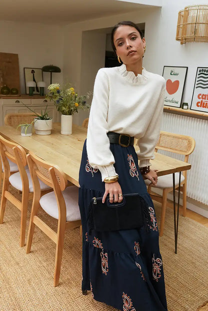 Falda Larga Azul Marino Bordada Mujer Estilo Bohemio Elegante - CHICA del Sur